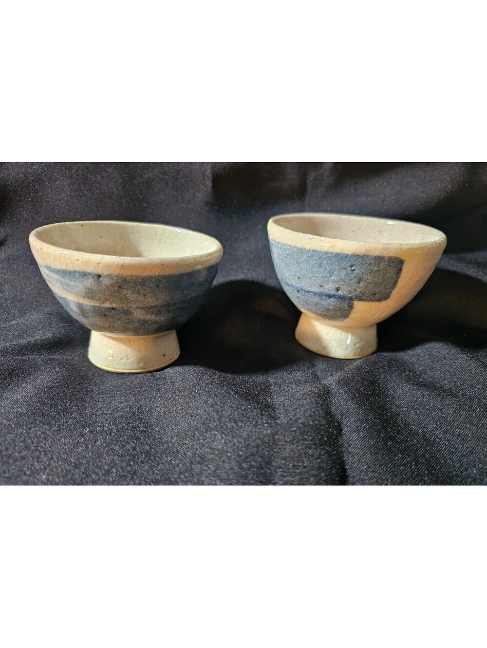 (2pc) Japanese Ceramic Tea Bowl Set Hand Painted & Green Glaze Folk Art Style